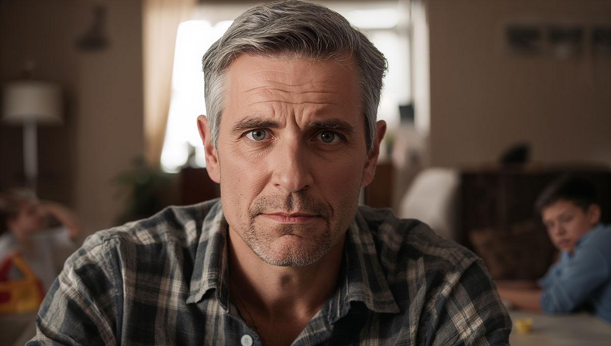 Tired man at home with grandkids in the background